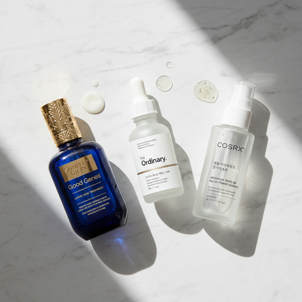 Comparison of Sunday Riley Good Genes, The Ordinary Lactic Acid, and COSRX Snail Mucin bottles on a marble surface