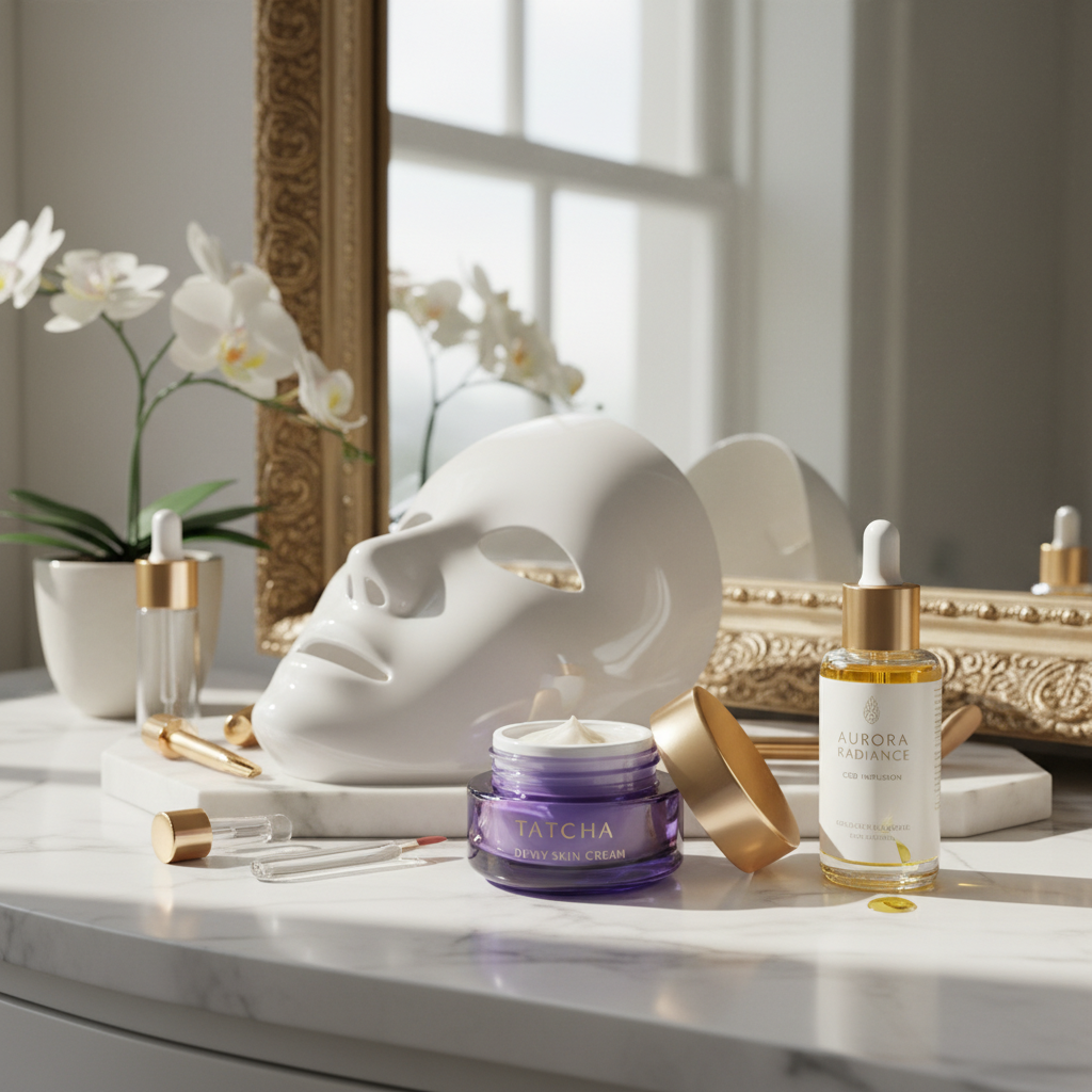 Tatcha Dewy Skin Cream jar next to an LED light therapy mask and CBD skincare oil on a vanity.