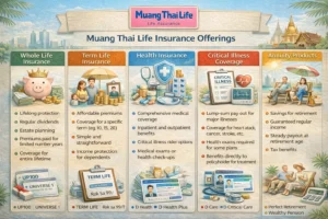 Comparison chart showing Muang Thai Life insurance products: whole life, term life, health insurance and critical illness