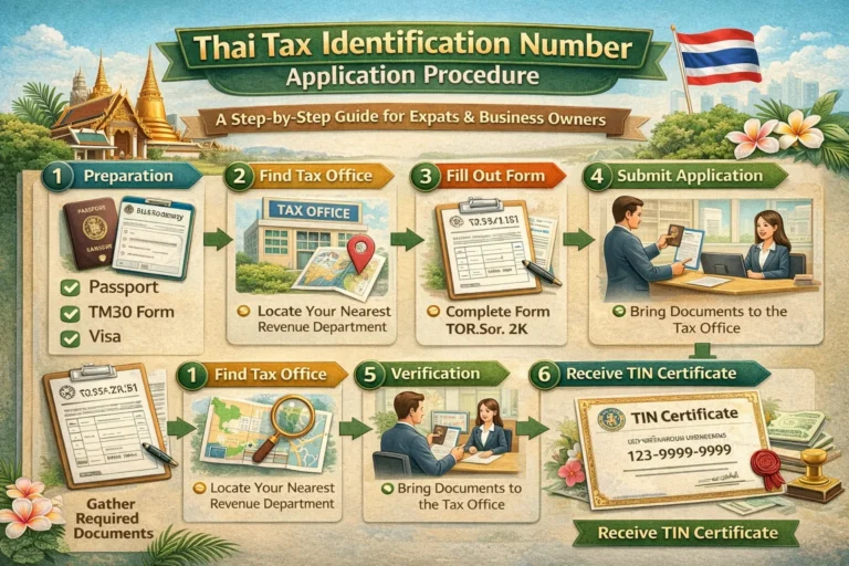 Step-by-step Thai tax identification number (TIN) application process flowchart for 2026, showing documentation requirements, tax office submission, and approval timeline for expats and businesses in Thailand