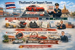 Thailand car import tax calculator waterfall: $25000 vehicle becomes $60000+ after import duty, excise tax, and VAT compounding