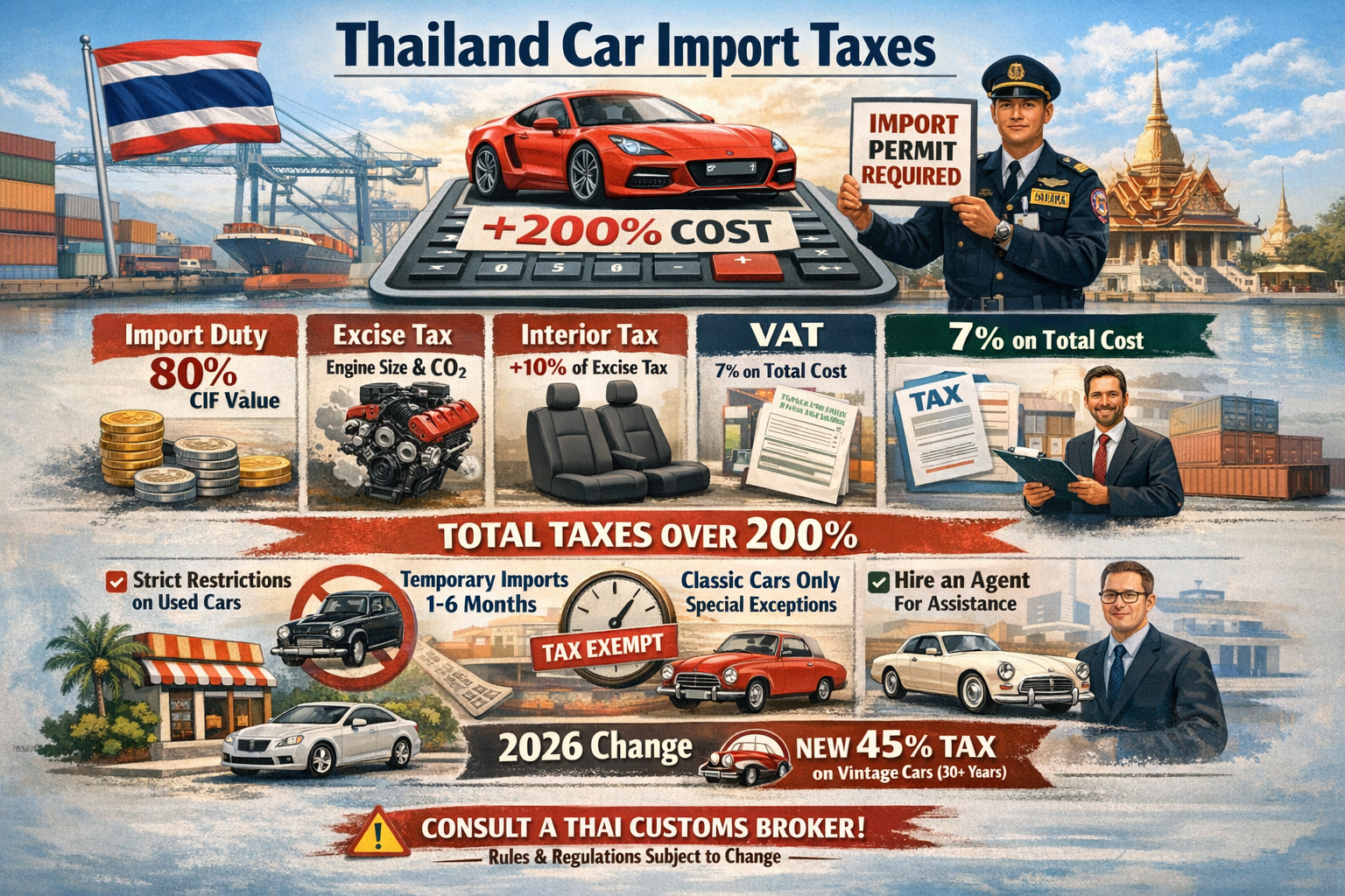 Thailand car import tax calculator waterfall: $25000 vehicle becomes $60000+ after import duty, excise tax, and VAT compounding