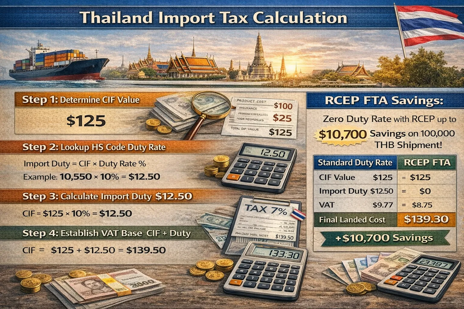 Thailand import tax calculation formula showing CIF value + import duty + VAT calculation step-by-step for 2026 imports with examples