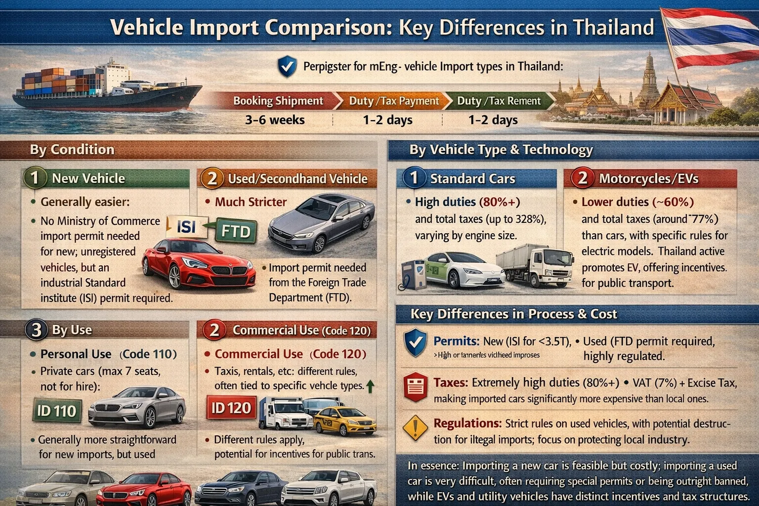 Thailand import types comparison: Temporary (12 months, $1-2K), Permanent Personal ($49-52K), Permanent Business ($45-48K fleet rates)