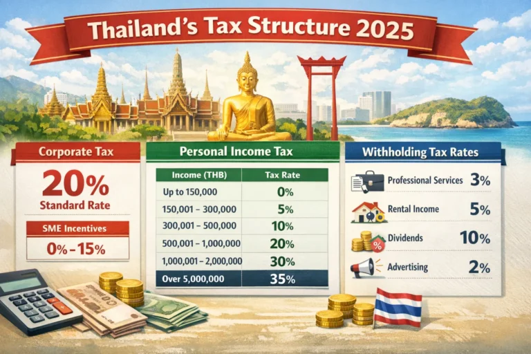 Thailand tax rates 2025 comparison chart showing corporate income tax 20%, personal income tax 0-35% progressive rates, and withholding tax schedule
