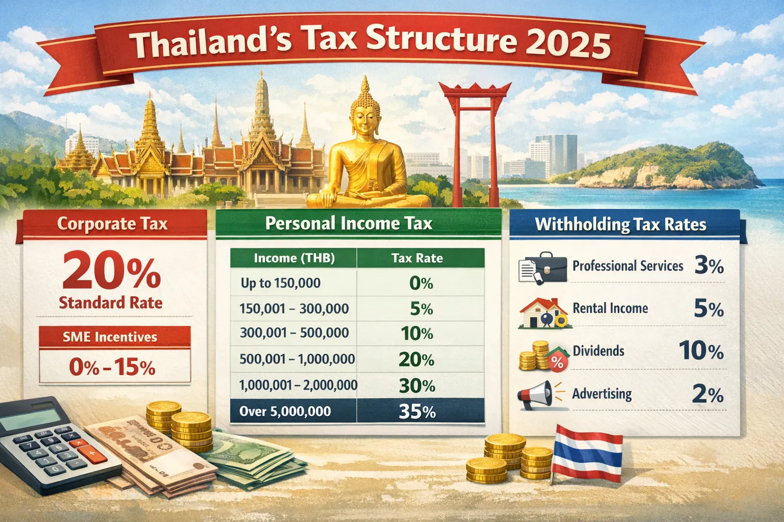 Thailand tax rates 2025 comparison chart showing corporate income tax 20%, personal income tax 0-35% progressive rates, and withholding tax schedule