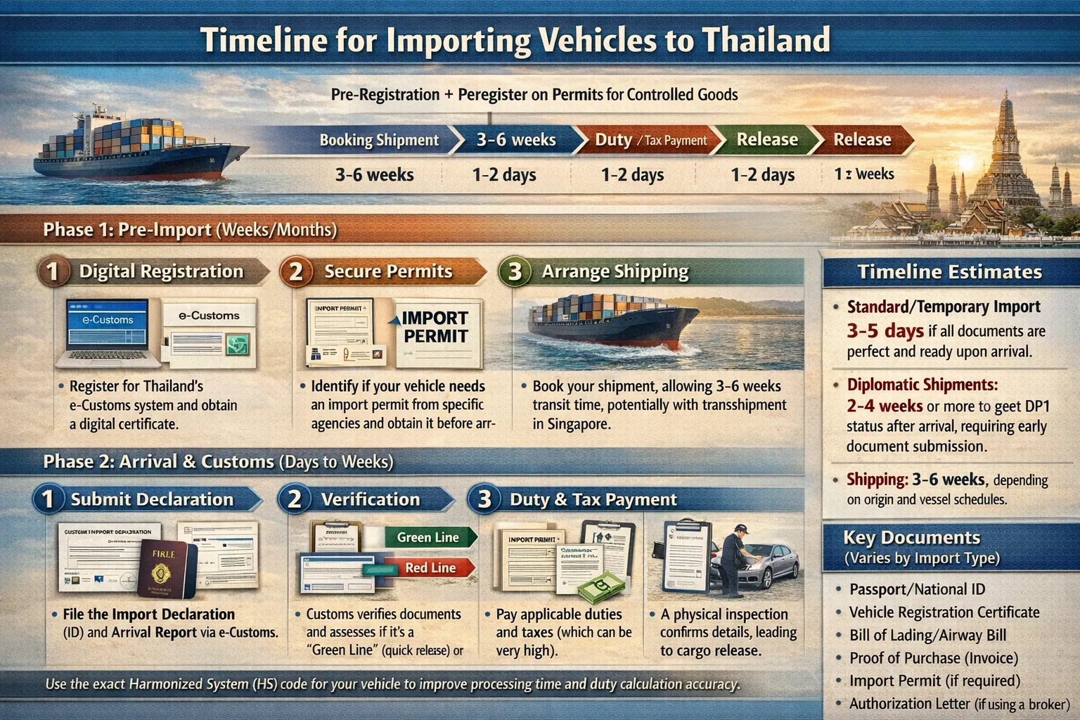 Thailand vehicle import timeline: Week 1-2 planning, Week 3-5 shipping, Week 6-7 customs clearance, Week 8-12 DLT registration