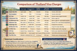 Thailand visa charges comparison table 2026: costs, validity, stay duration and best uses for tourist, DTV, retirement, work and elite visas