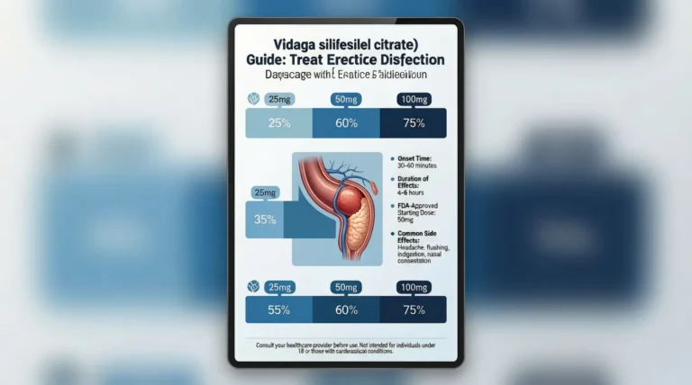 Viagra dosage guide chart showing 25mg, 50mg, and 100mg strengths with how sildenafil works for erectile dysfunction treatment and safety information