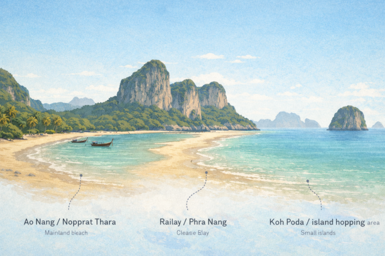 Best beaches in Krabi showing Ao Nang, Railay, Phra Nang, and nearby island beaches