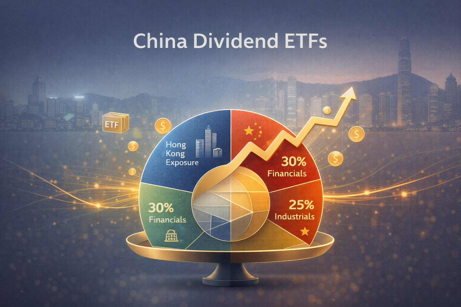Infographic comparing China dividend ETF categories: Hang Seng High Dividend Yield Index (50 holdings, 5.76% yield), Hang Seng High Dividend 30 (30 holdings, 5.59% yield), and CSI Dividend Index (100 holdings, 6.3% yield). Shows expense ratios and sector concentrations for Hong Kong and mainland China dividend funds.