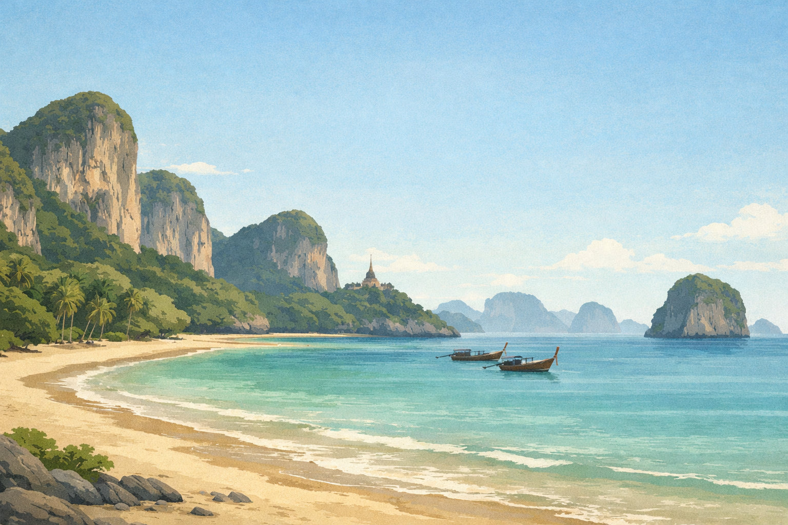 Limestone cliffs, beaches, islands, and temples representing the main places to visit in Krabi, Thailand