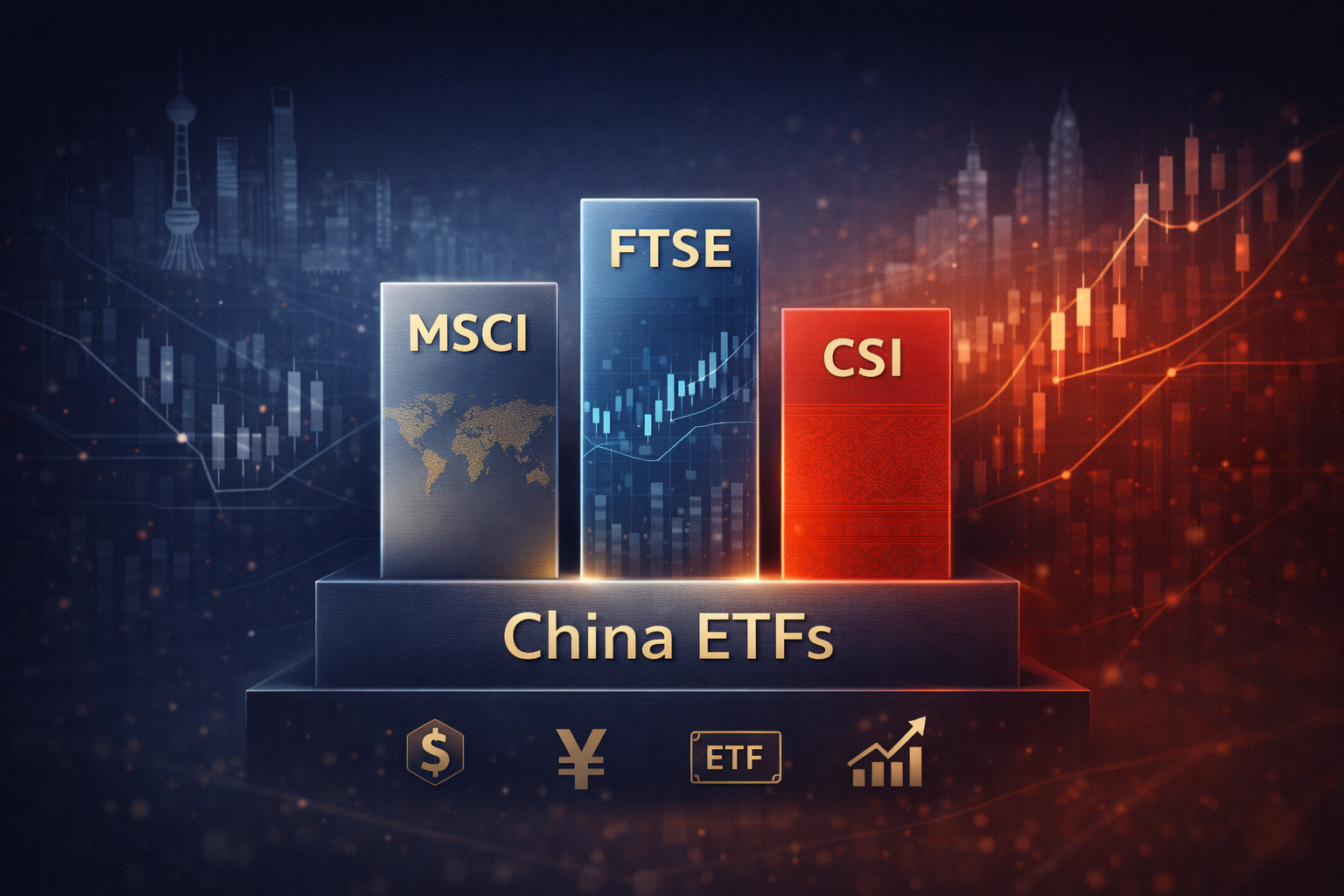 Comparison of major China ETF indices showing MSCI China, FTSE China A50, and CSI 300 with stylized 3D geometric blocks representing different index methodologies and market coverage