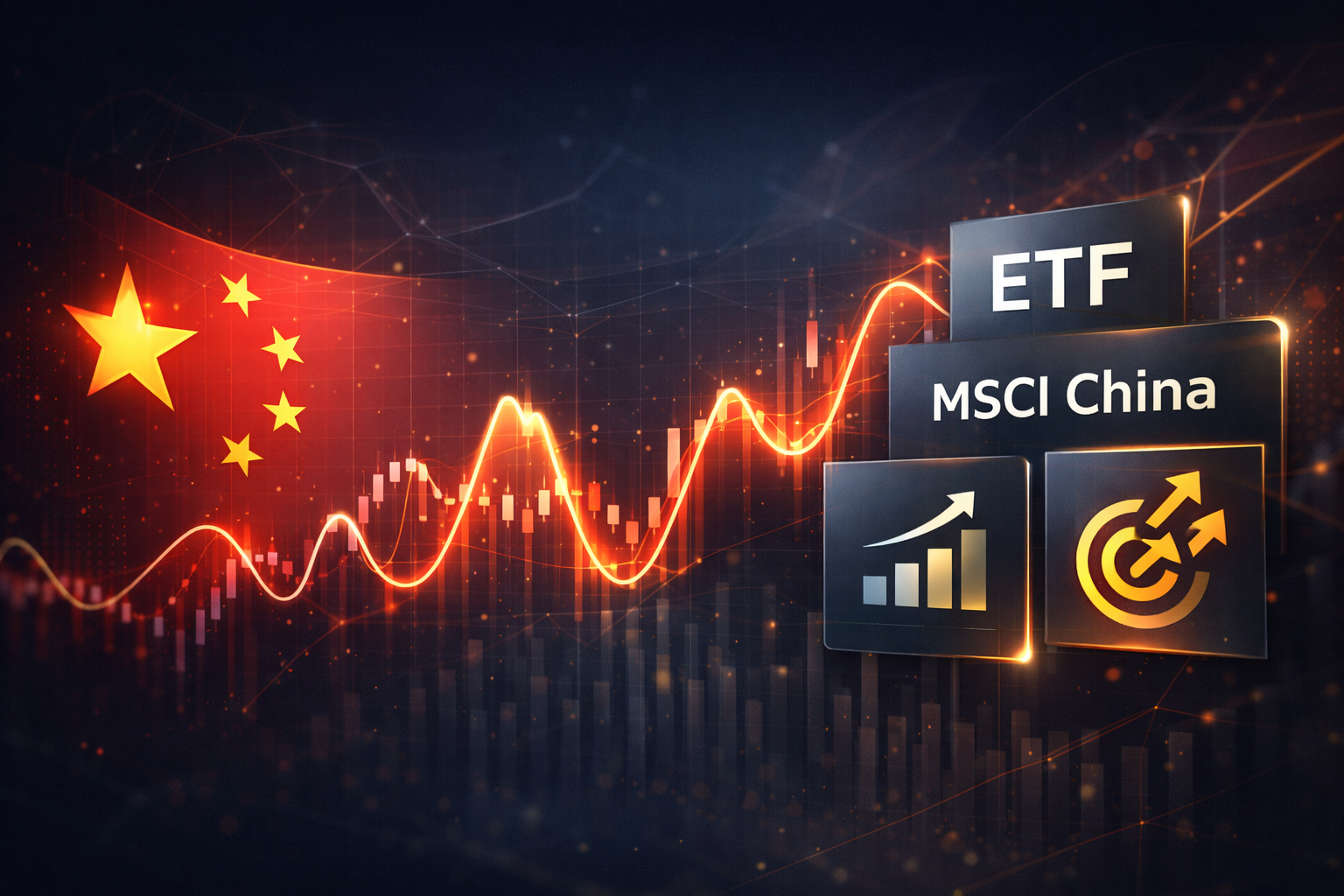 Financial chart showing MSCI China ETF performance volatility with Chinese flag and market cycle elements