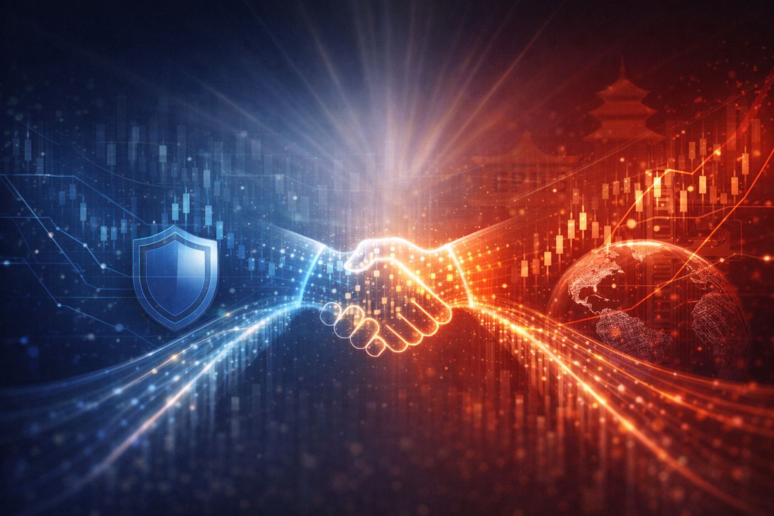 Professional illustration showing secure ETF structure protecting US investor assets connected to Chinese markets, with balanced risk visualization and regulatory safeguards