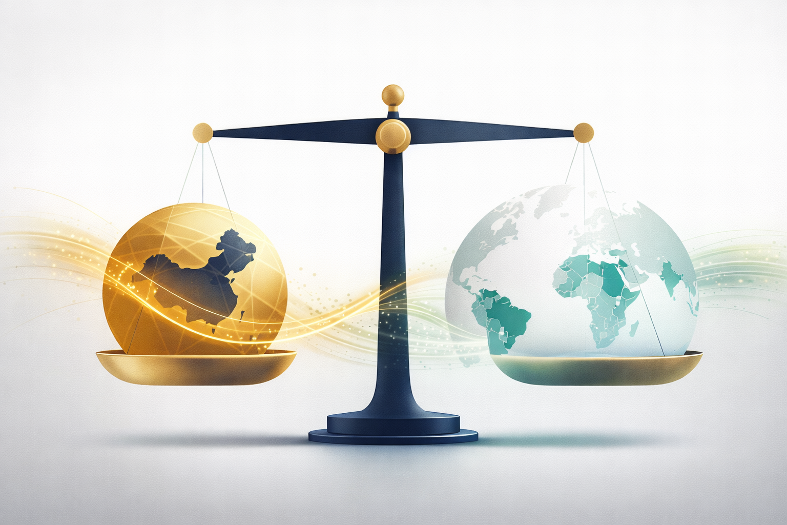 Abstract illustration comparing China ETF and Emerging Markets ETF portfolio weights, showing balanced scale concept between Chinese equities and broader emerging market countries including India Brazil and South Korea