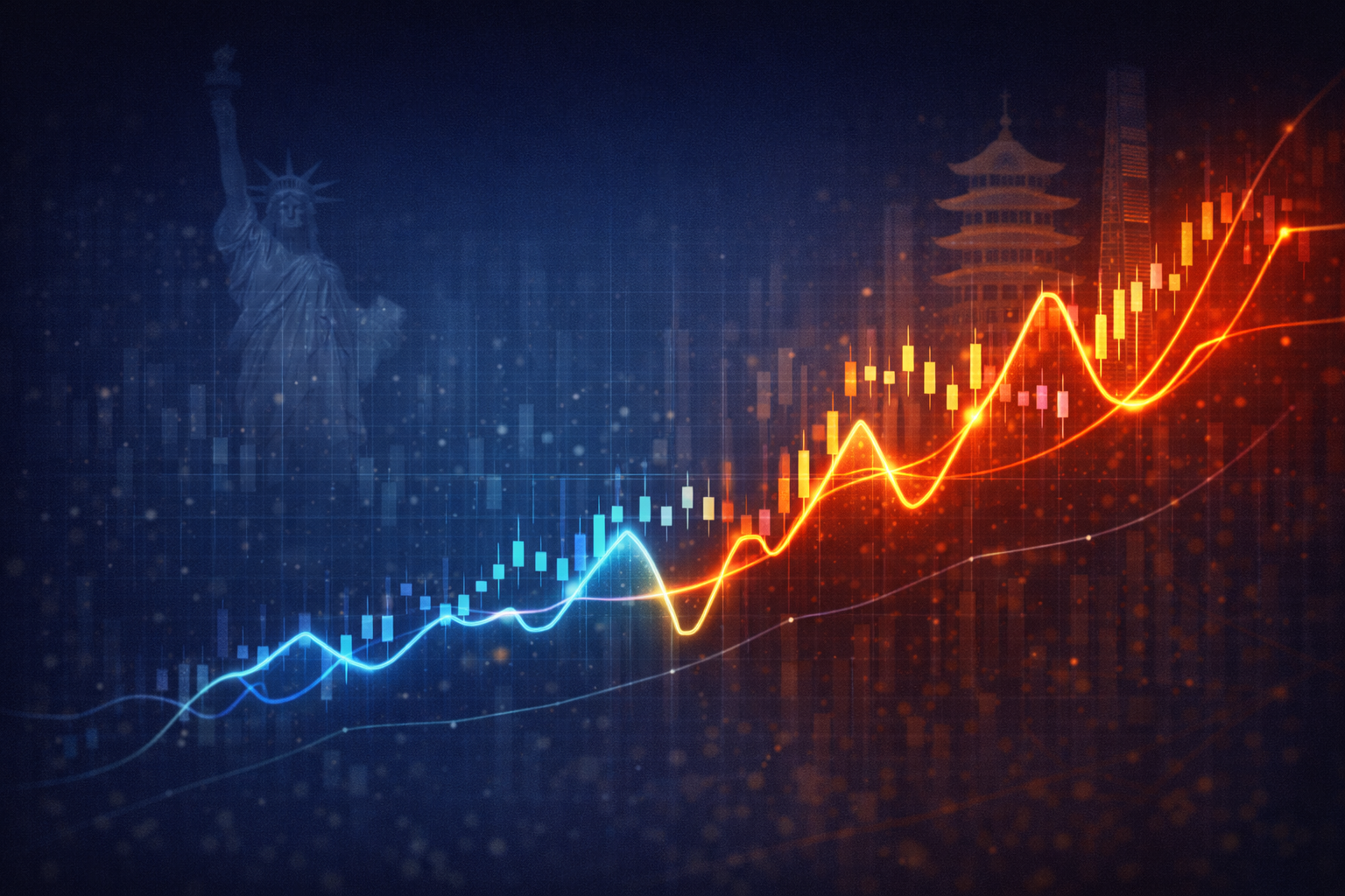 Two intersecting stock market growth charts representing S&P 500 stability versus China ETF volatility, with symbolic skyline silhouettes
