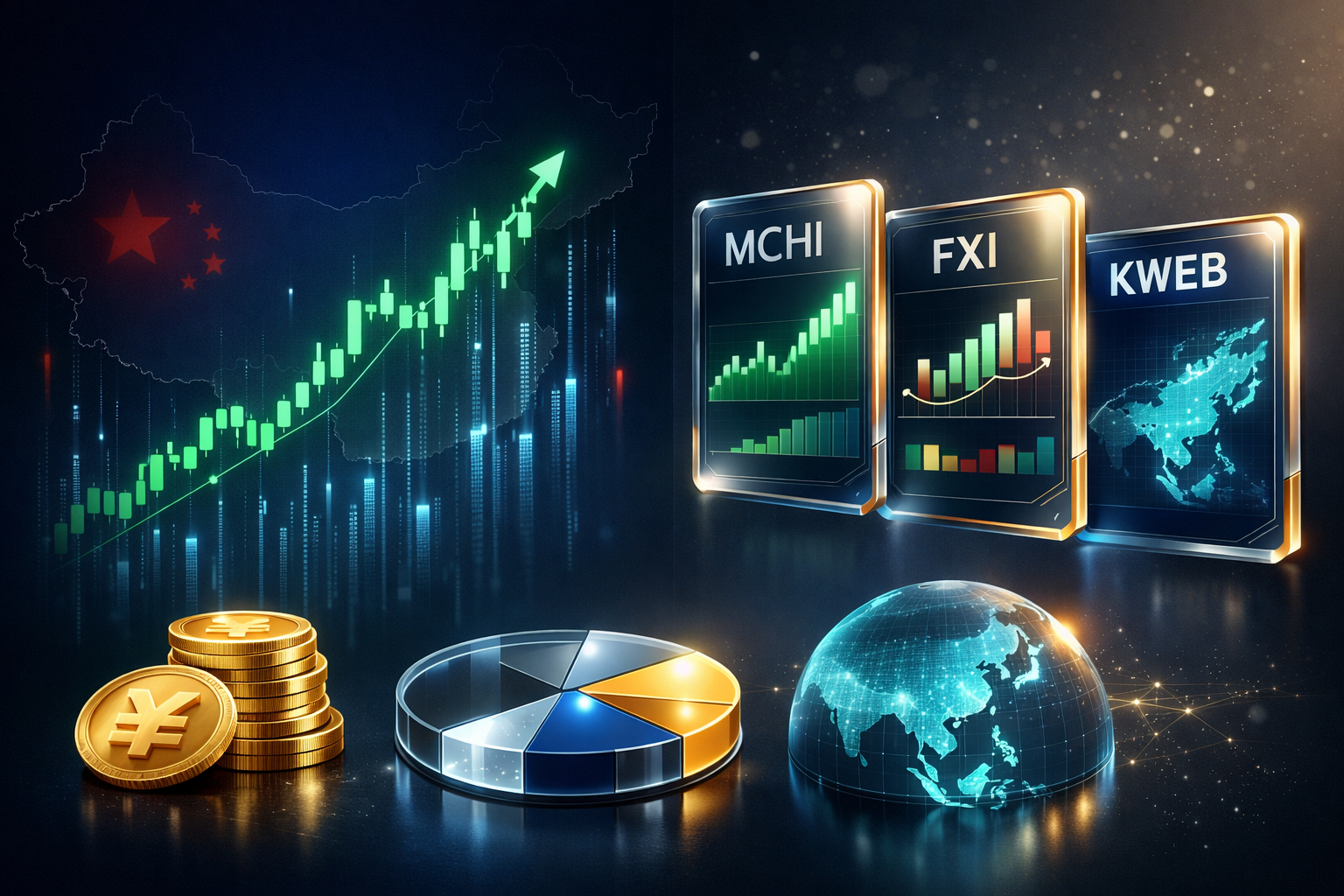 Chart comparing 2025 returns of major China ETFs MCHI, FXI and KWEB with risk metrics and expense ratios
