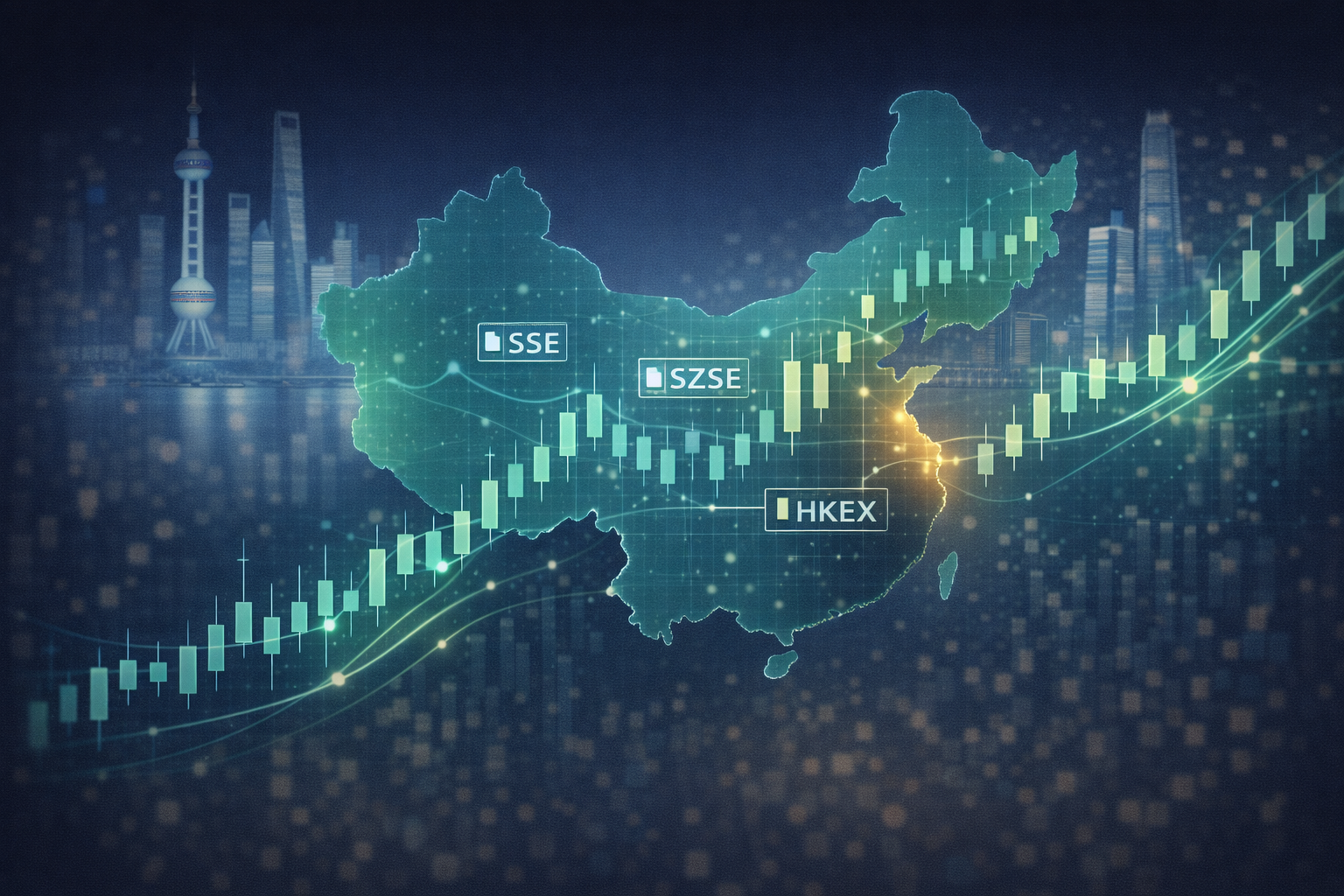 Abstract illustration of China's equity market showing Shanghai and Hong Kong skylines with candlestick chart overlay and exchange symbols (SSE, SZSE, HKEX)