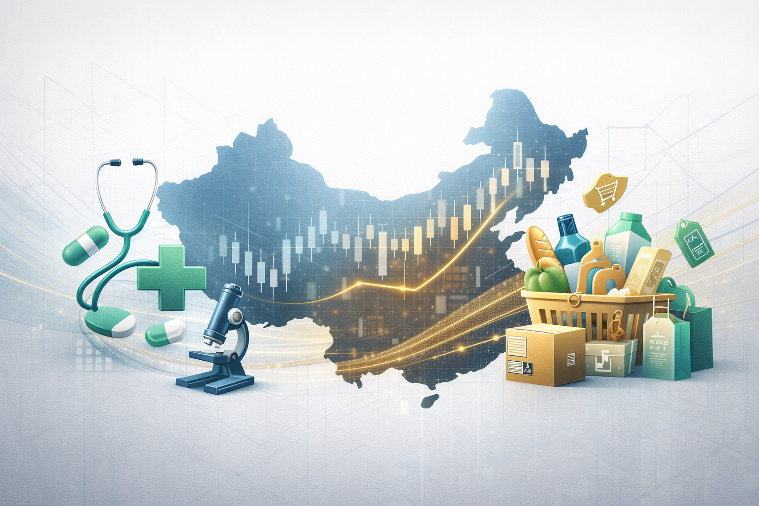 Infographic showing China healthcare and consumer sector ETF exposure map with medical symbols and retail icons representing MSCI China sector indices