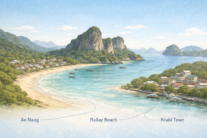 Illustration comparing Ao Nang, Railay Beach, and Krabi Town as places to stay in Krabi