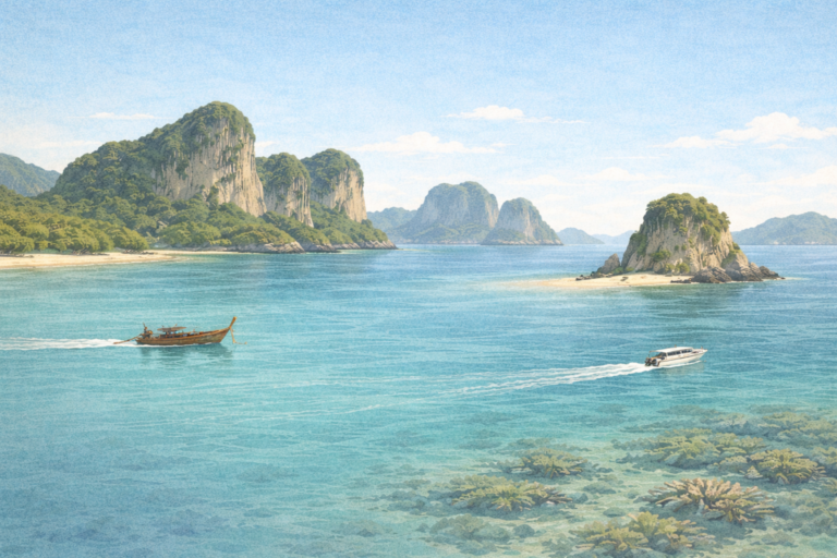 Calm overview of Krabi island boat tour options showing nearby islands, limestone cliffs, and different boat types without crowds