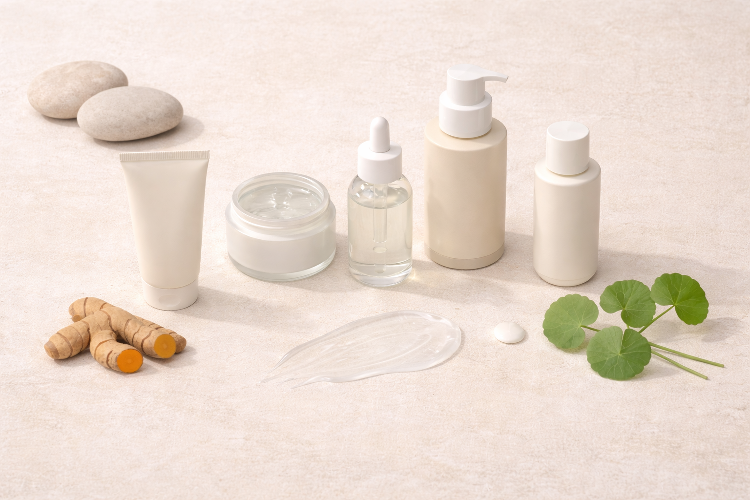 Everyday Thai skincare products arranged with lightweight gel textures and botanical elements, representing practical local skincare habits in a hot, humid climate