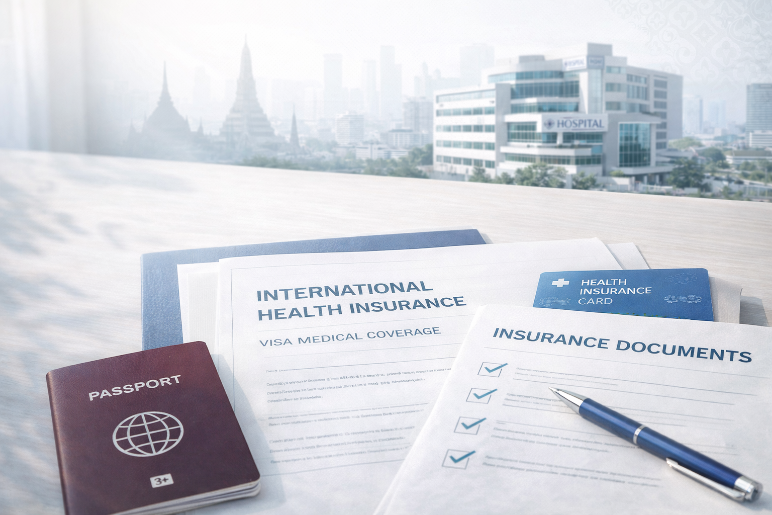 Expat health insurance and visa medical coverage concept in Thailand with private hospital and insurance documents