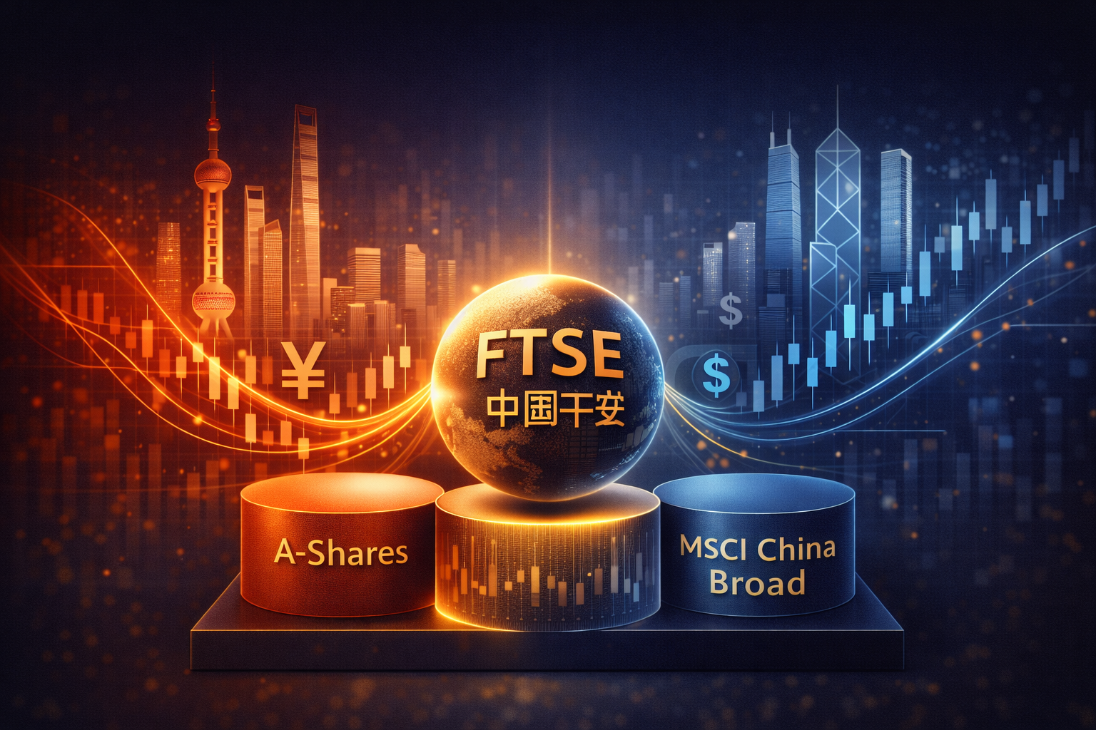 Visual comparison of FTSE China A50 onshore market (Shanghai skyline in red with rising stock chart) versus FTSE China 50 offshore market (Hong Kong skyline in blue), connected by ETF capital flows representing Stock Connect trading infrastructure
