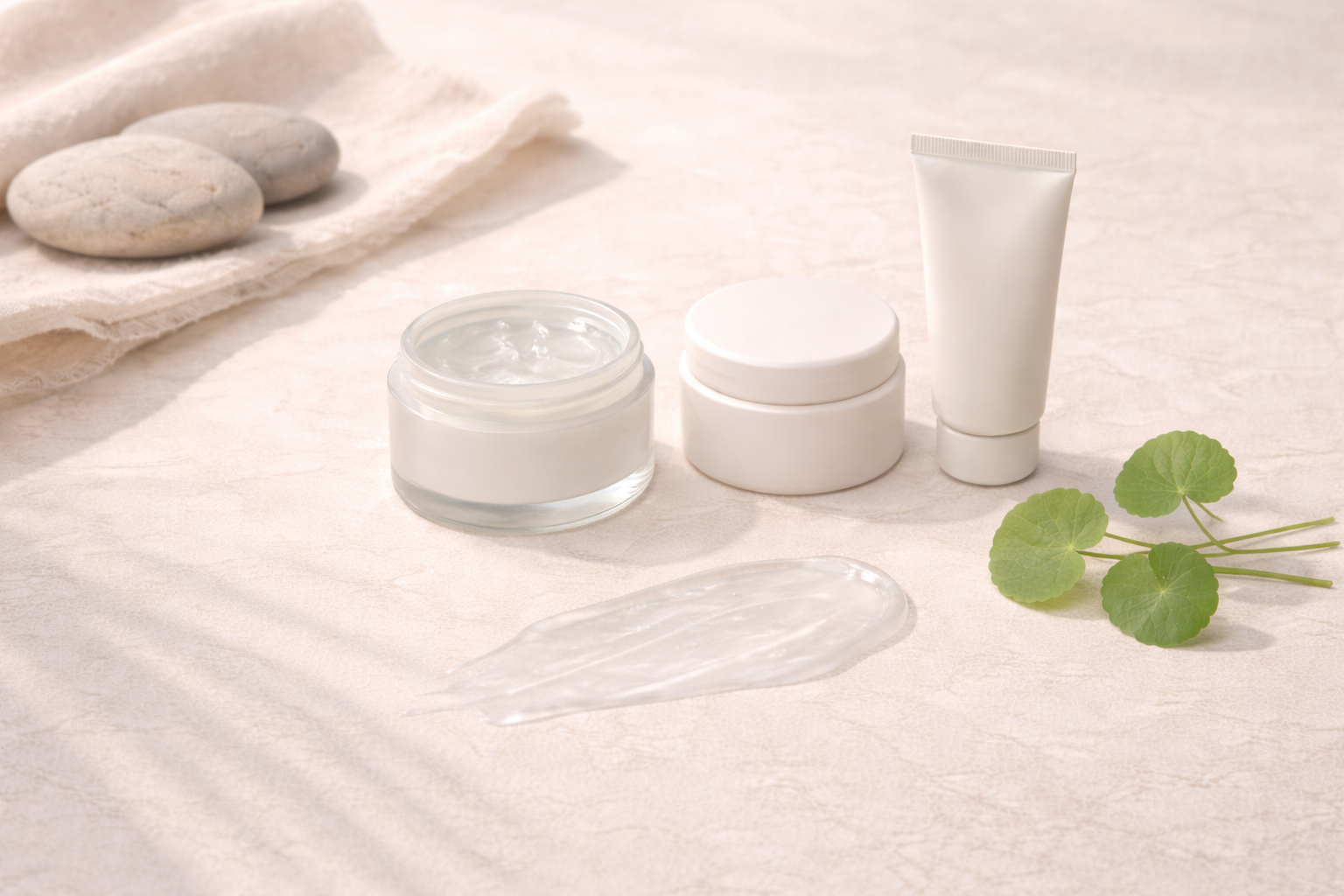 Minimalist flat-lay of lightweight skincare textures and natural elements representing face creams adapted for Thailand’s hot and humid climate.
