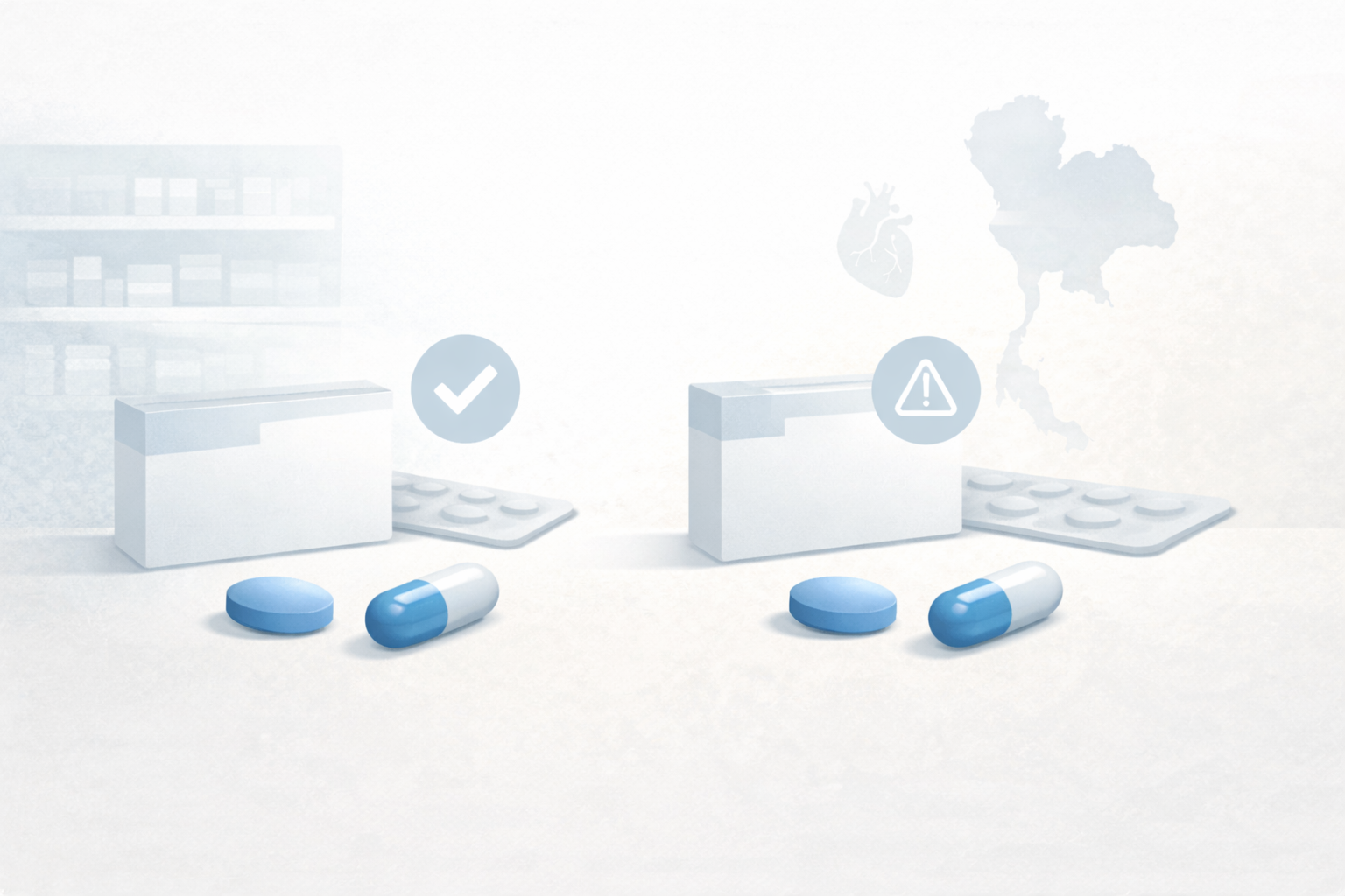 Counterfeit Viagra packaging and pills commonly found in informal markets in Thailand