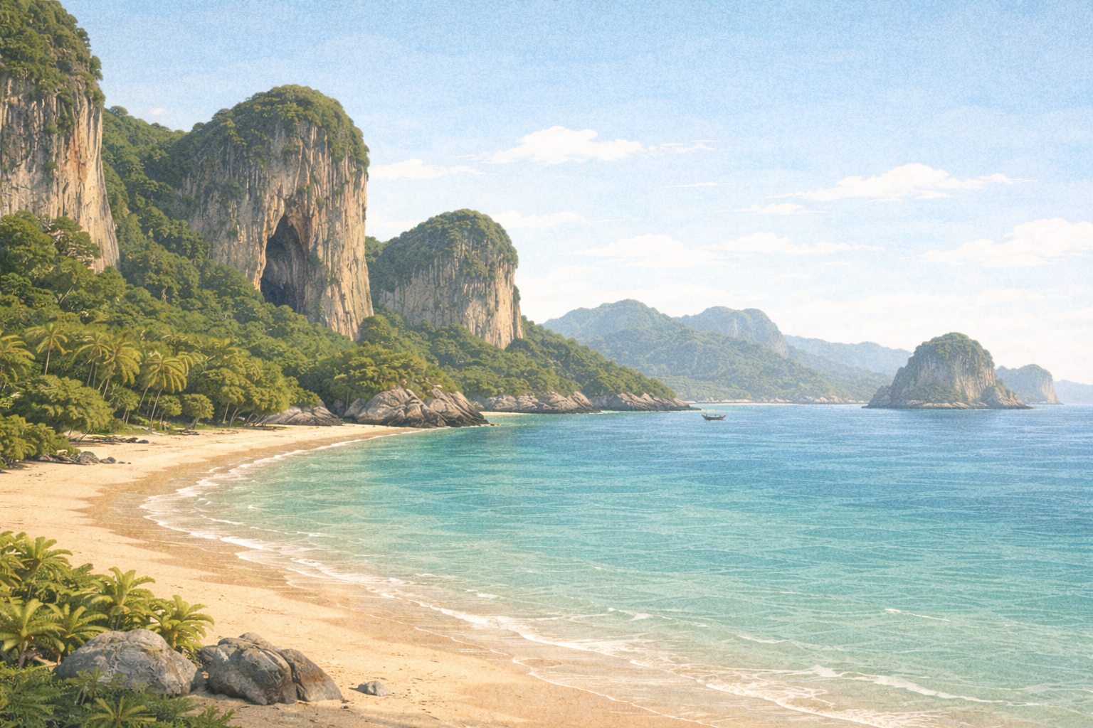 Limestone cliffs, beaches, and inland nature in Krabi, Thailand, showing Ao Nang, Railay Beach, and emerald pool landscapes