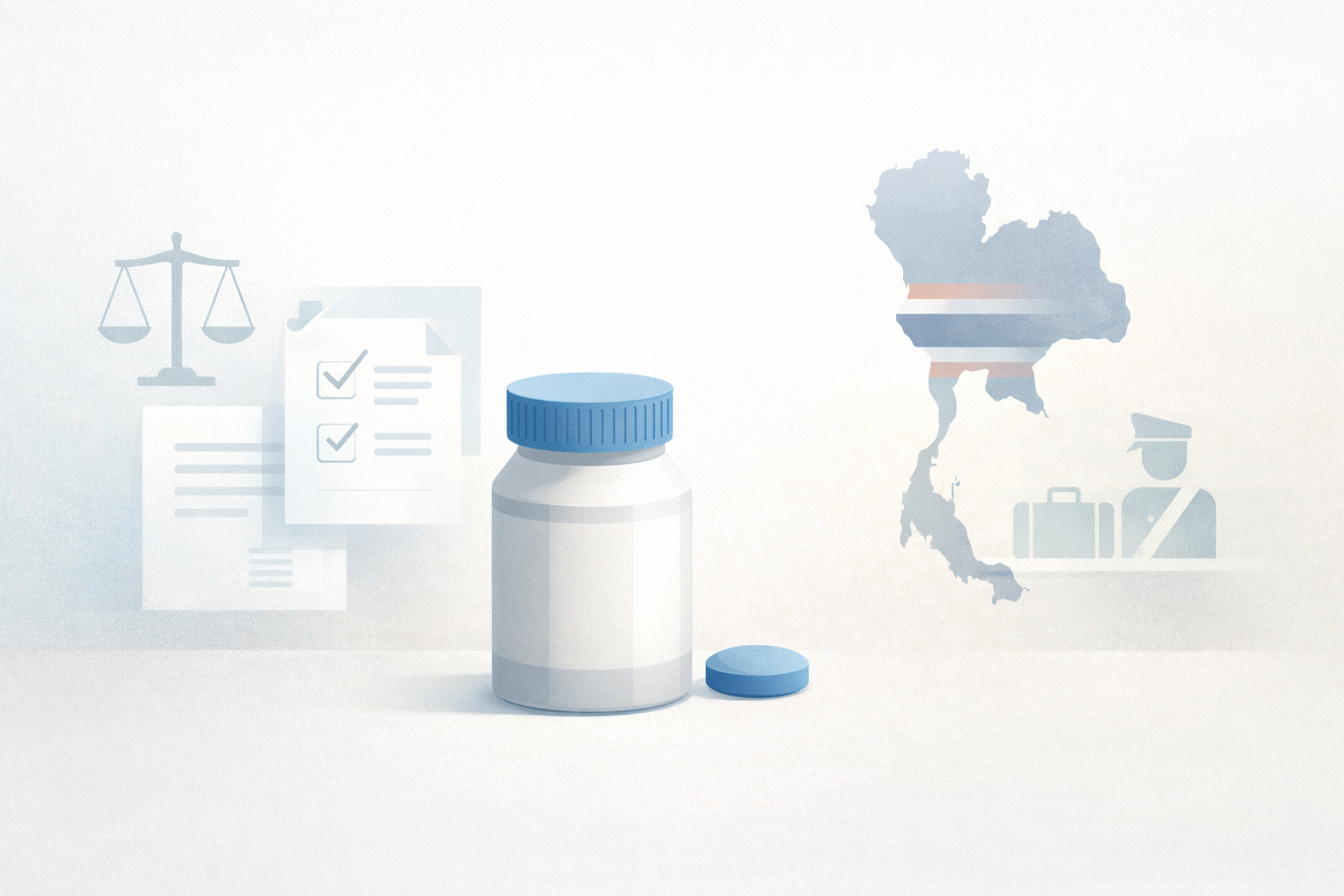 Illustration representing prescription medicine regulations in Thailand, showing a medication container alongside Thai legal and customs symbols in a neutral, informational style.