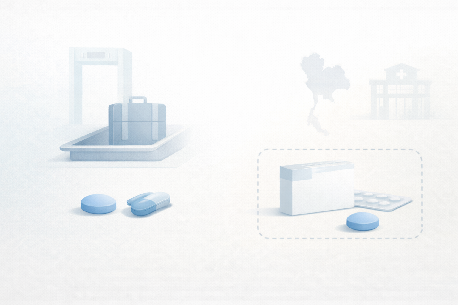 Tourist travel health concept showing airport customs and pharmacy context in Thailand related to prescription medication awareness
