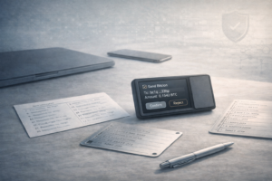 Hardware wallet device displaying transaction verification screen next to handwritten seed phrase backup for secure crypto cold storage in 2026