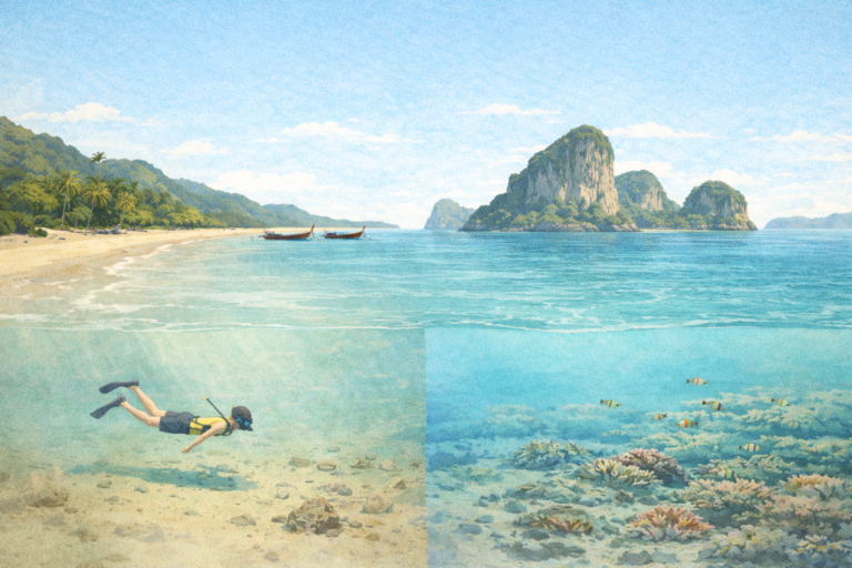 Snorkeling conditions in Krabi showing mainland beaches, limestone cliffs, and nearby islands with clearer water