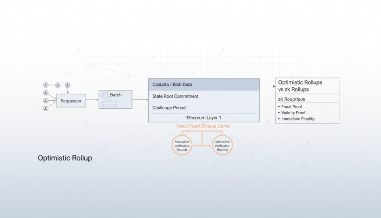 Diagram of optimistic rollup architecture showing sequencer batching transactions, fraud proof dispute process, challenge period, and comparison with zk rollups validity proofs.