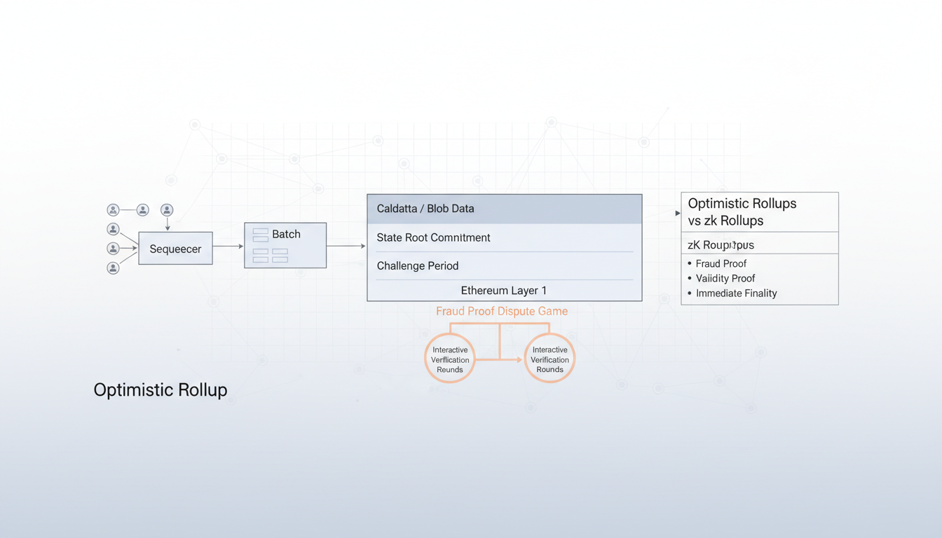 Diagram of optimistic rollup architecture showing sequencer batching transactions, fraud proof dispute process, challenge period, and comparison with zk rollups validity proofs.