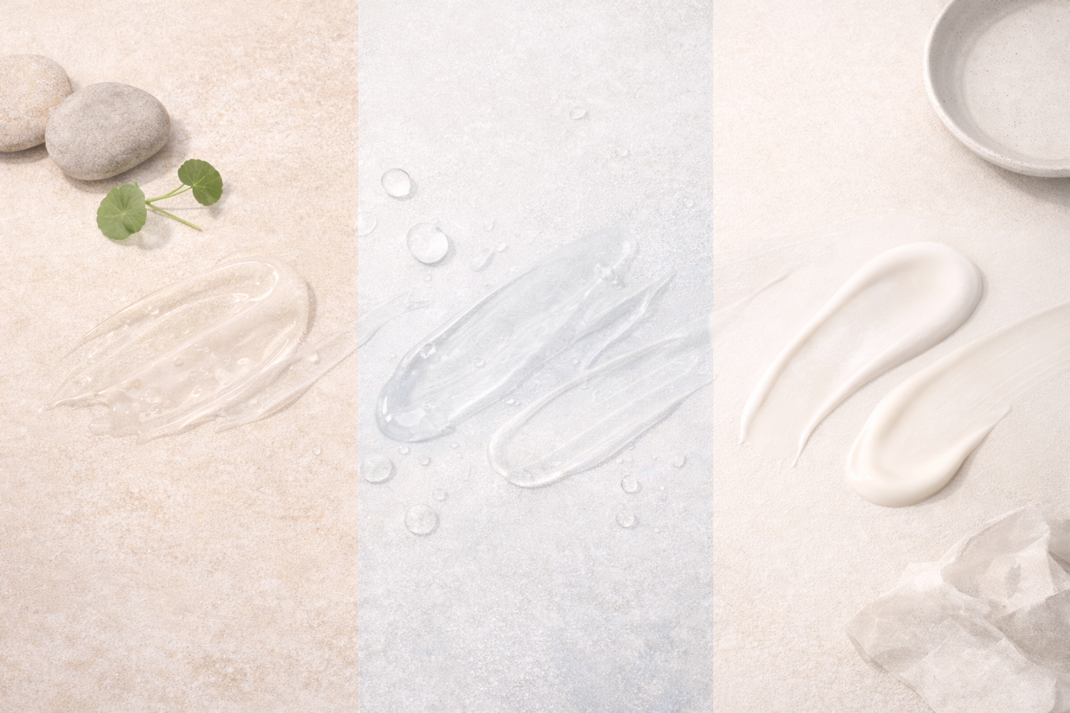 Minimalist flat-lay representing Thai, Korean, and Japanese skincare philosophies through textures, climate cues, and botanical elements