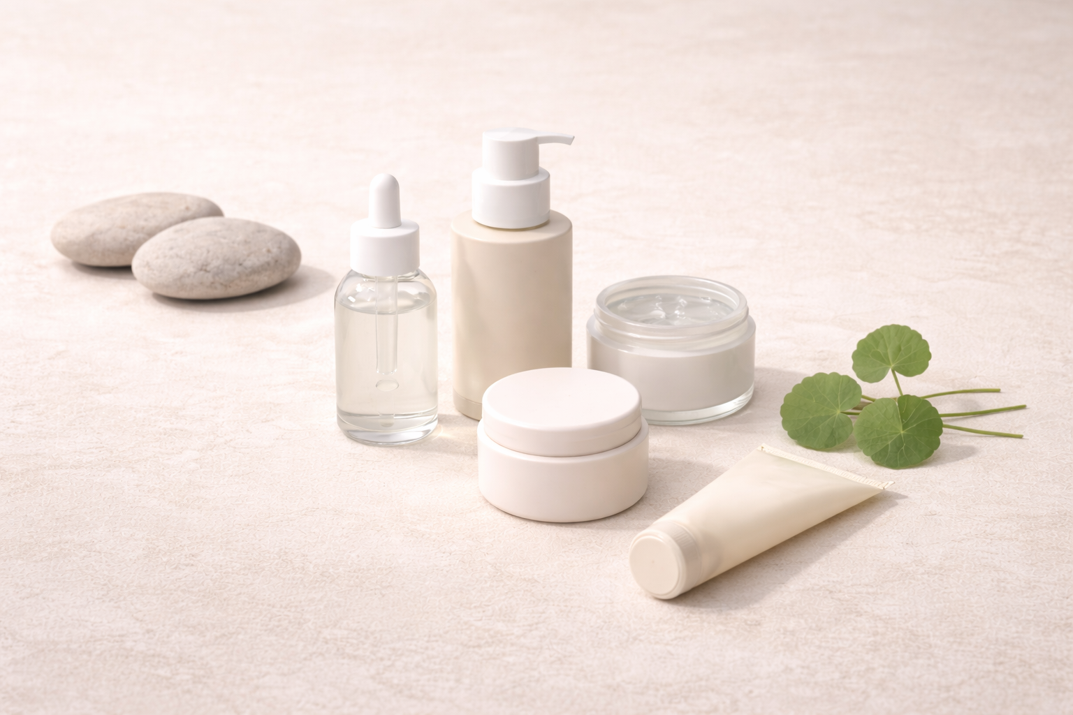 A calm editorial image illustrating Thai skincare safety, with neutral cosmetic containers and minimal natural elements, representing regulated and everyday skincare products in Thailand.