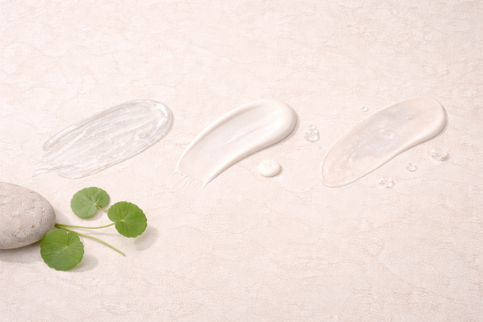 Minimalist flat lay representing Thai skincare textures for different skin types in a hot and humid climate