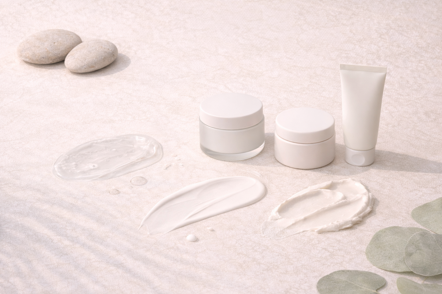 Minimalist flat lay of Thai skincare creams with neutral textures, illustrating different categories of whitening and brightening products without branding