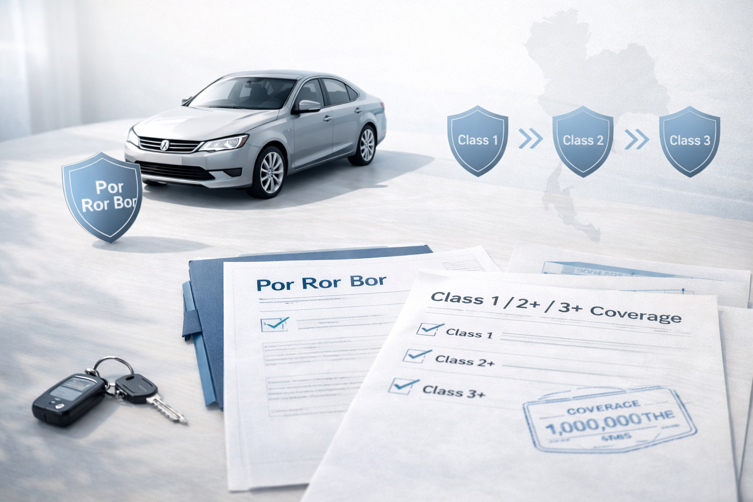 Thailand car insurance coverage types comparison with vehicle, policy documents and protection icons
