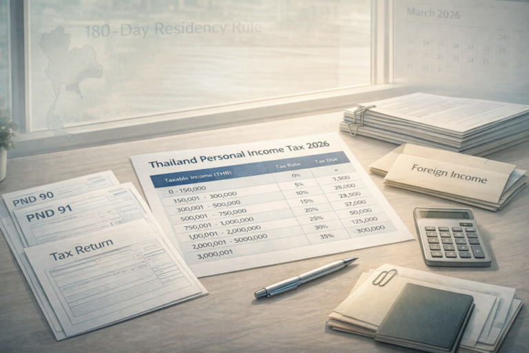 Thailand personal income tax 2026 guide showing tax rates table, tax return forms PND 90 and PND 91, and foreign income remittance concept for expats