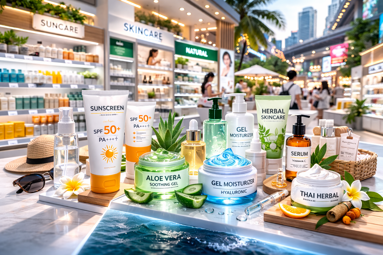 Thailand skincare shopping in Bangkok beauty stores with Thai sunscreen and skincare products