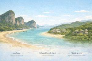 A calm editorial illustration comparing top luxury hotels and beach resorts in Krabi by location, privacy, and travel style.