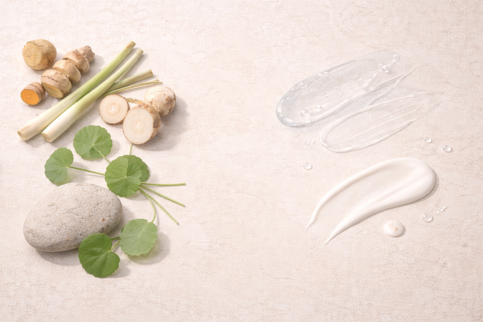 Traditional and modern Thai skincare ingredients arranged in a minimalist editorial flat lay, combining botanical elements and lightweight cosmetic textures