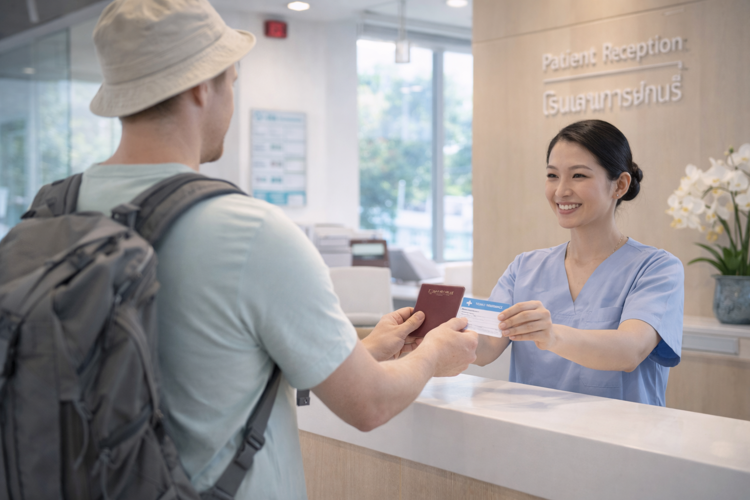 Traveler using travel insurance card at private hospital reception in Thailand