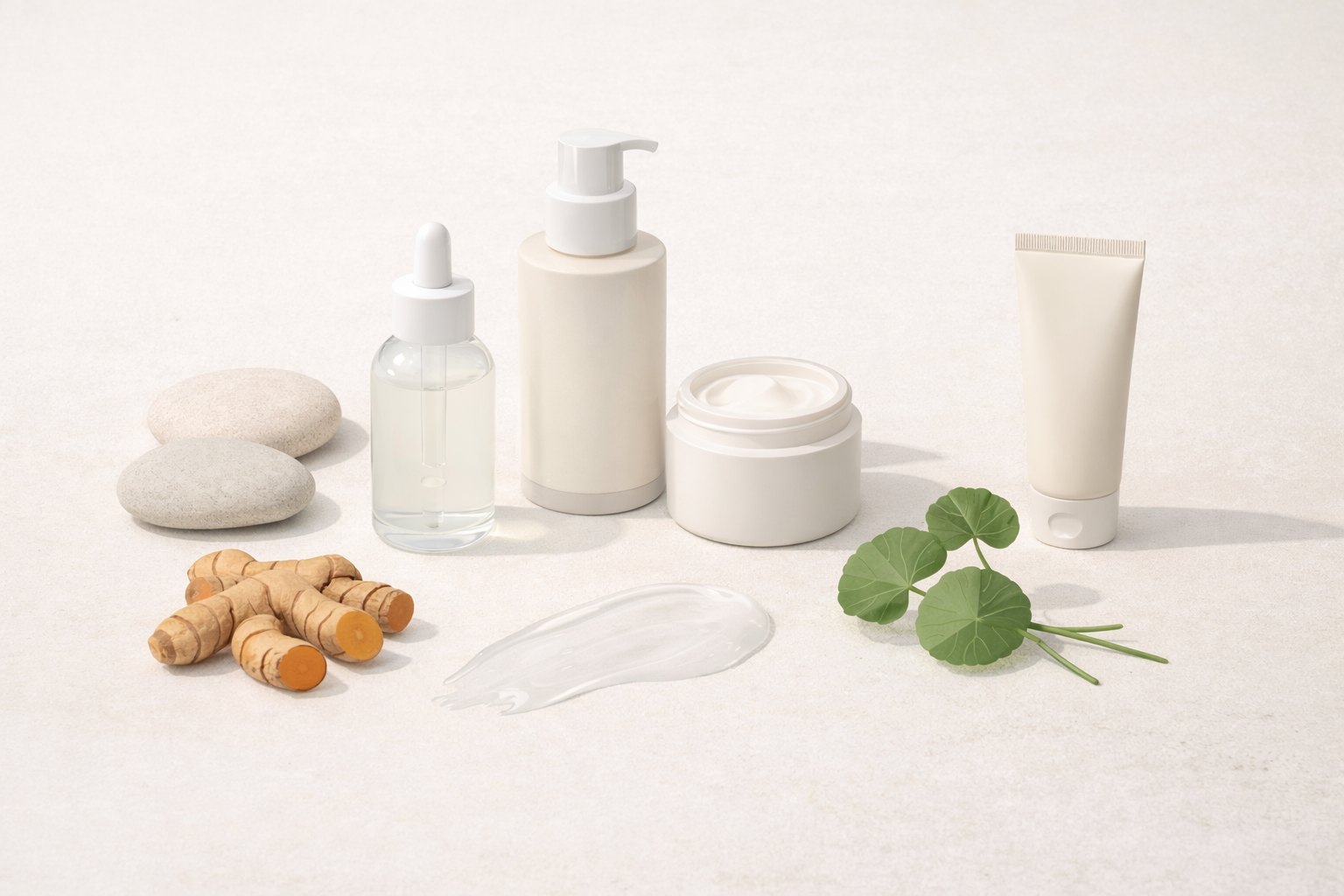 Minimalist flat-lay of Thai skincare products with herbal elements, representing trusted local and international skincare brands in Thailand
