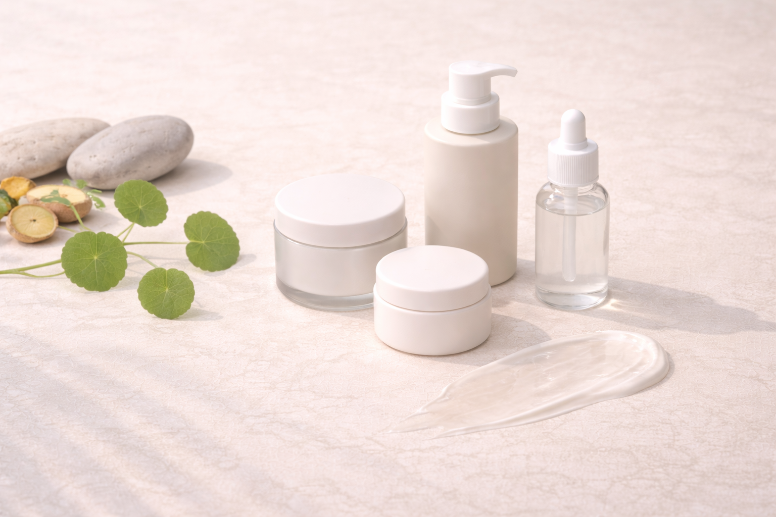 Minimalist editorial image illustrating cosmetic skin whitening in Thailand, with neutral skincare containers and abstract botanical elements representing regulation and safety.
